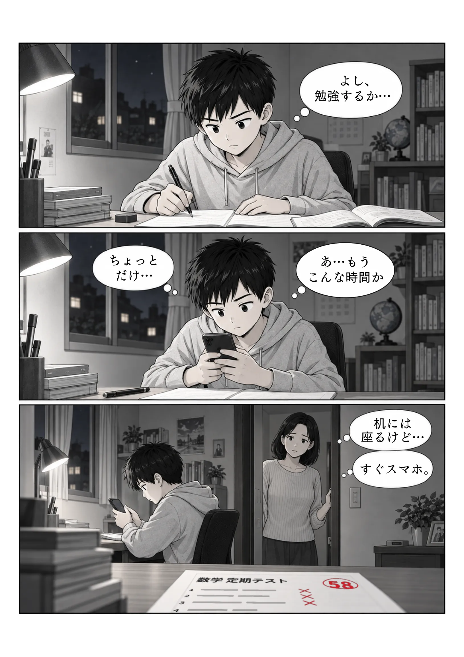 机に向かった息子が、すぐにスマホを見始める。ドアの陰から母親が見ている。手前には58点の数学の定期テスト。