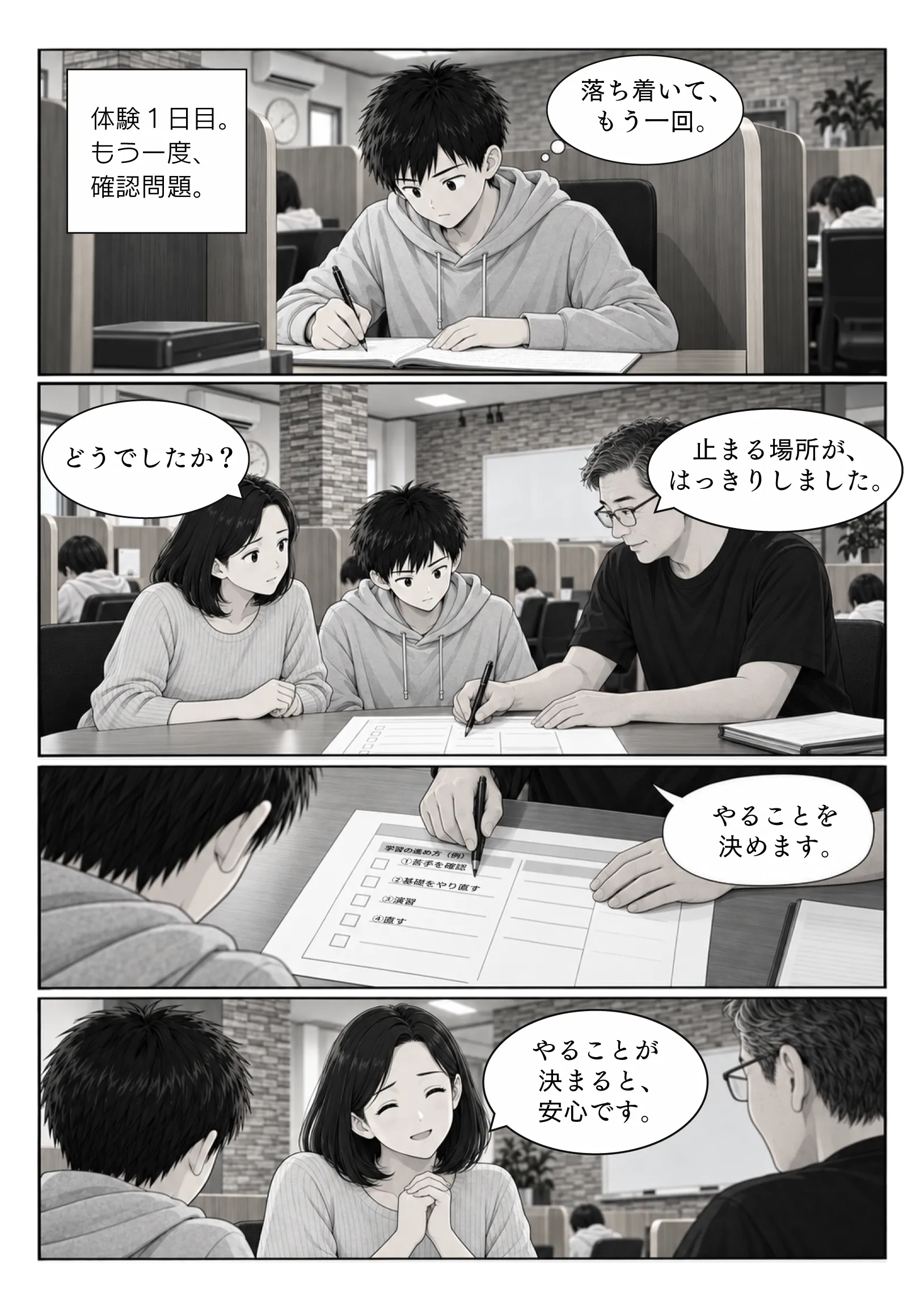 体験1日目。もう一度確認問題を解き、塾長がやることを決める。母親が安心する。