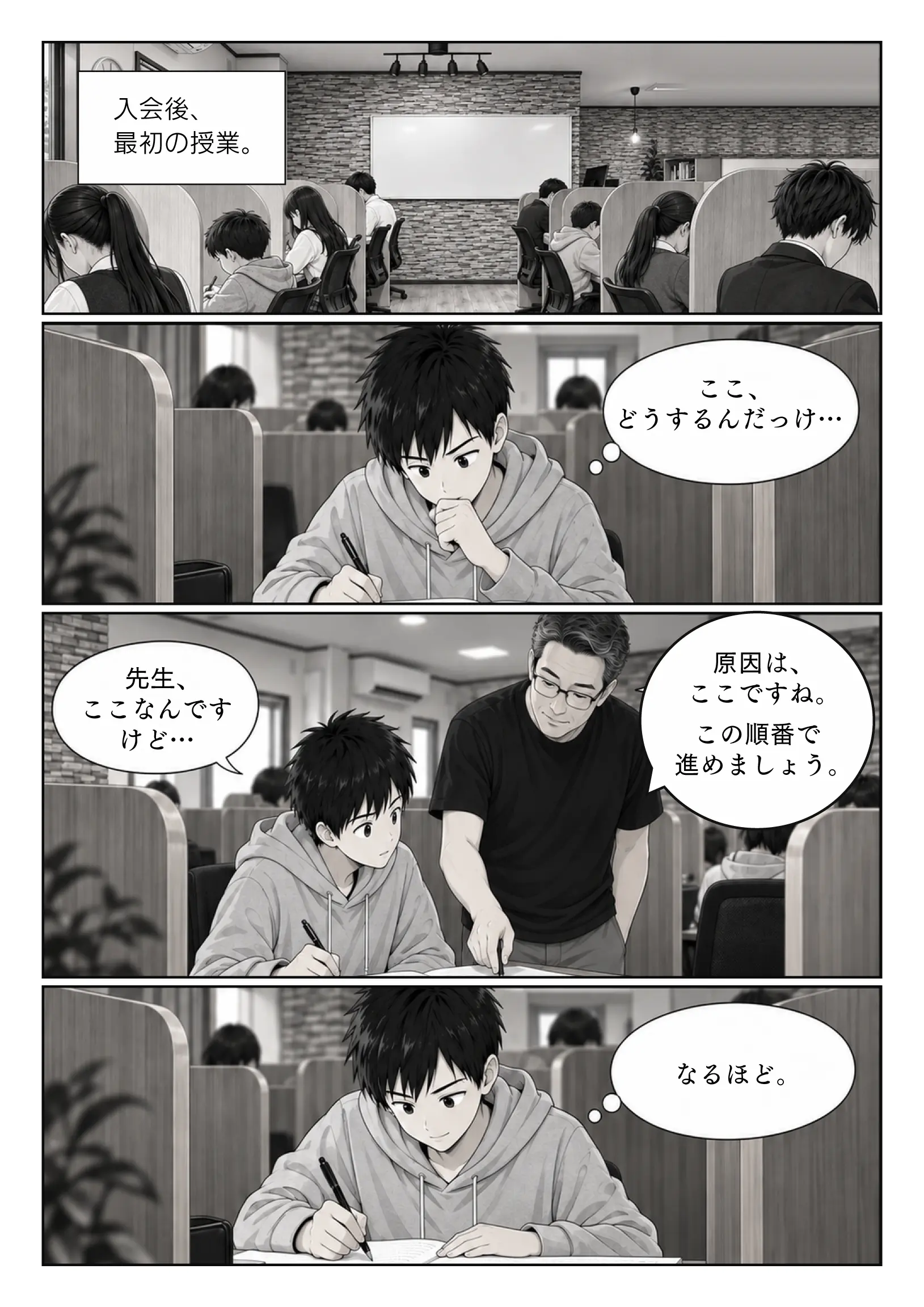 入会後、最初の授業。止まった問題を塾長が確認し、原因を示す。